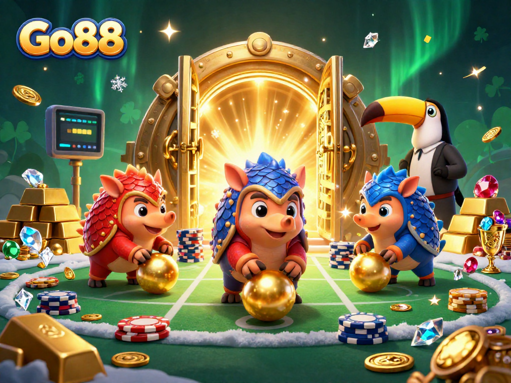 Compete at Go88 with animated pangolins bowling through poker chips in a dynamic casino scene.