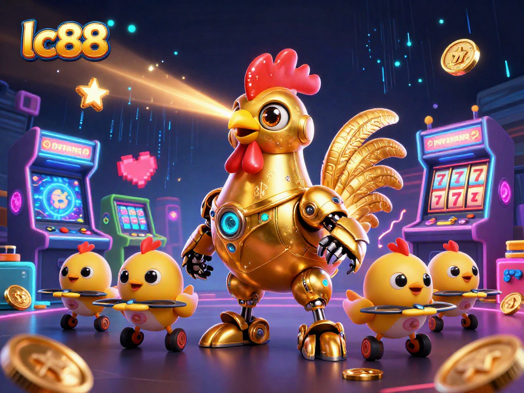 Experience the thrill of lc88 with a golden rooster robot and baby chick drones in a vibrant casino scene.