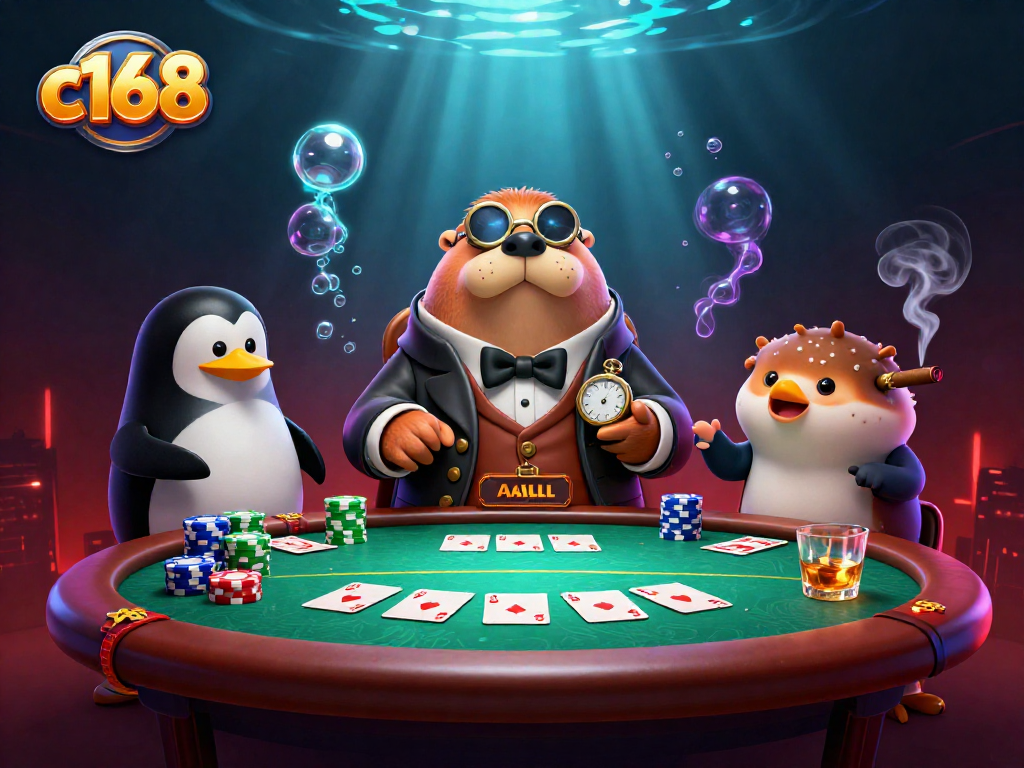 Experience the thrilling underwater poker game at c168 with a walrus, penguin dealer, and bluffing pufferfish.