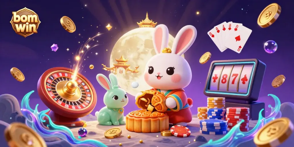 Experience thrilling wins with bom win in a vibrant lunar casino, overflowing with golden coins and poker chips.