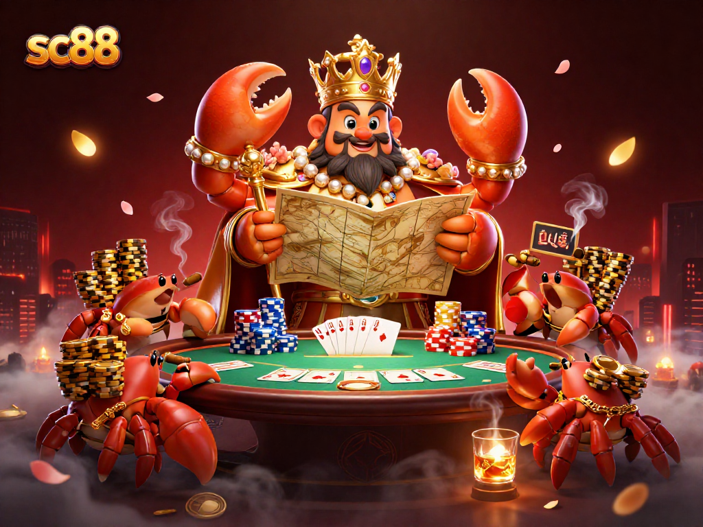 Engage with high-stakes gaming at sc88 featuring a royal crab emperor surrounded by vibrant poker elements.