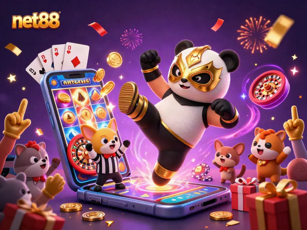 Experience net88 excitement with a panda wrestler performing thrilling antics amidst vibrant casino elements.