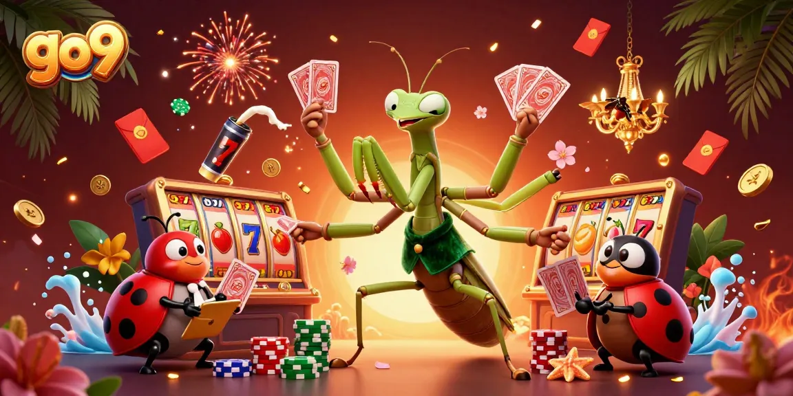 Experience the excitement of go9 while witnessing a giant mantis and pit boss create winning moments in this vibrant casino scene.