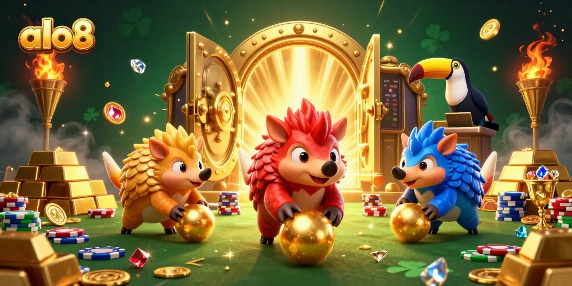 Engage in winning jackpot action with alo8's vibrant gambling scene featuring cartoon pangolins.