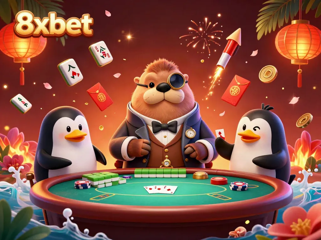 Experience 8xbet's vibrant underwater poker scene with dynamic characters and rich casino elements.