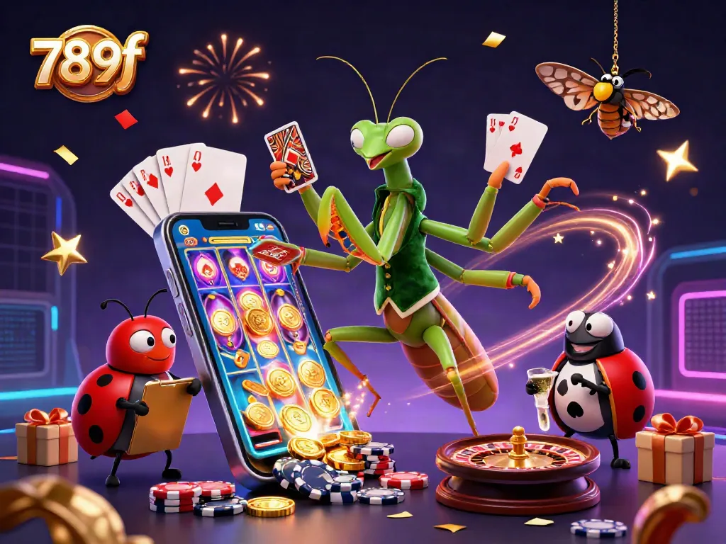 Engage with thrilling slots and casino action in a lively 789f illustration featuring vibrant game elements.