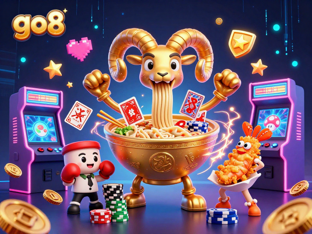 Join the vibrant action at go8 with a golden ramen bowl dealer surrounded by animated casino elements.