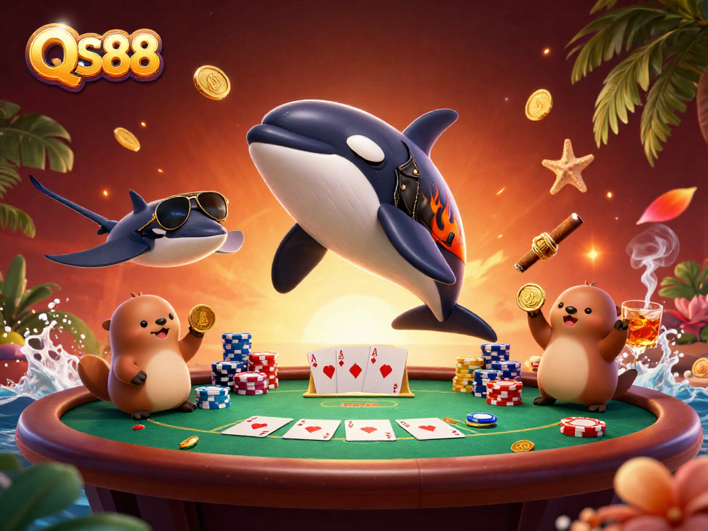 Experience the vibrant action at QS88 with an orca whale and friends celebrating wins at a poker table.