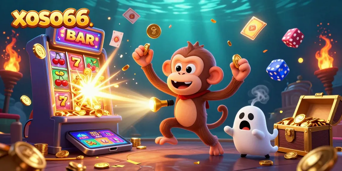 Engage with xoso66's vibrant casino atmosphere as a mischievous monkey juggles golden treasures while a curious puppy tracks its adventures.