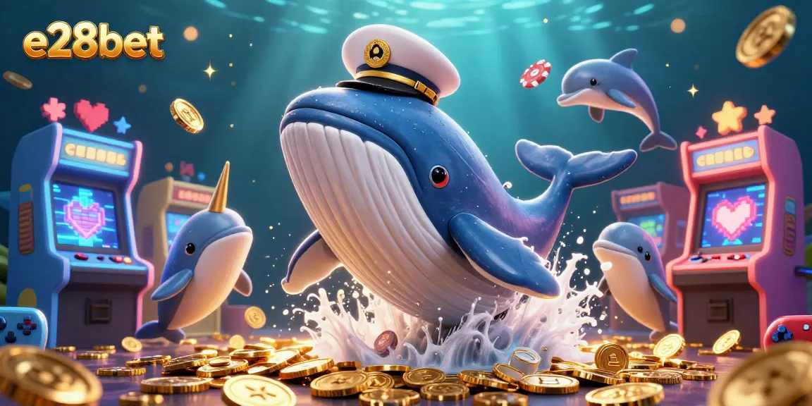 Experience the thrill of e28bet with a dynamic scene featuring a whale and dolphins among casino games.