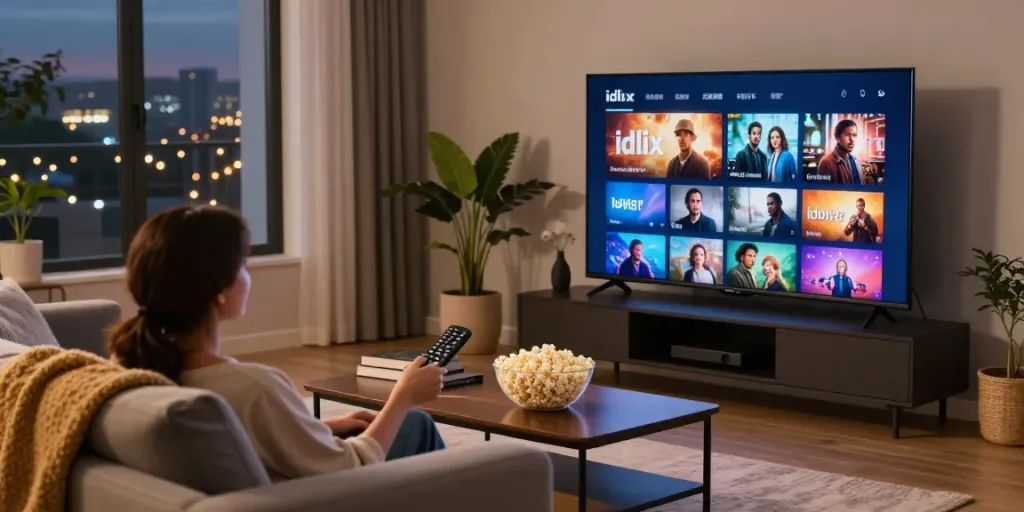 Enjoying movies on idlix in a cozy living room with ambient lighting.