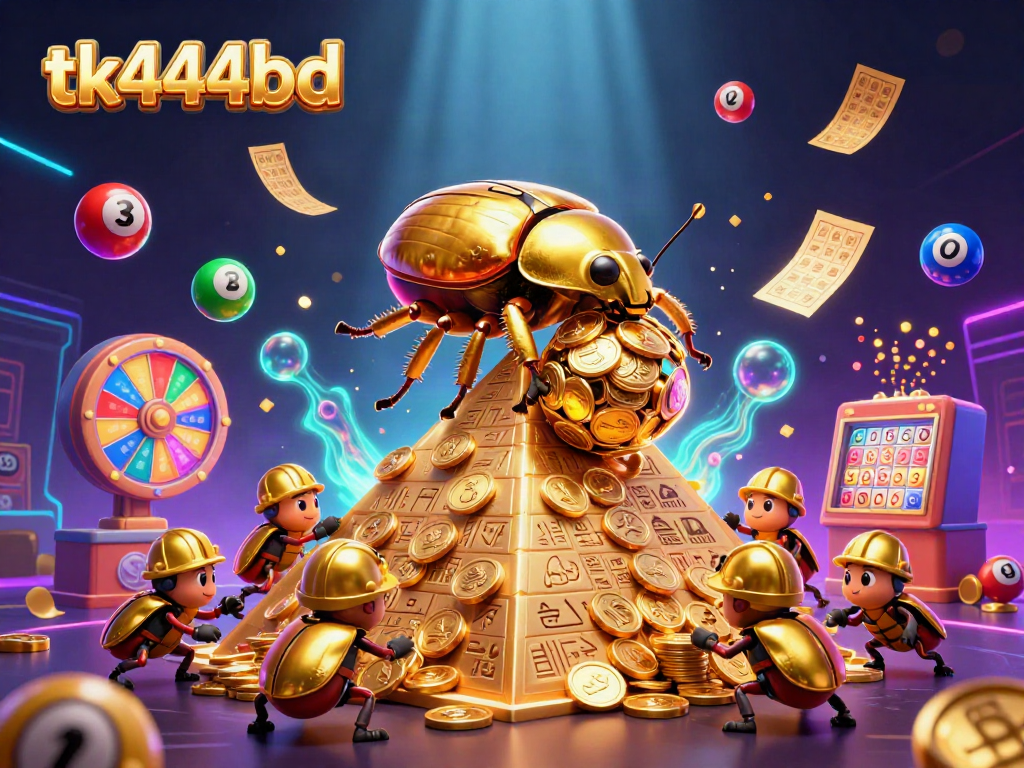 tk444bd rolls in rewards with golden coin-laden beetles and colorful casino elements.