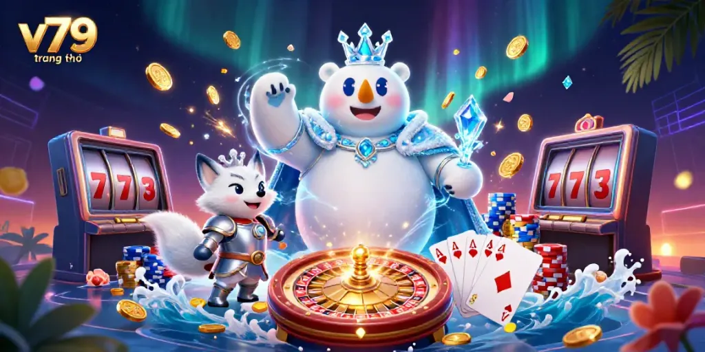 Engage with v79 trang chủ's thrilling gaming experience with polar bear and snow fox in a vibrant casino setting.
