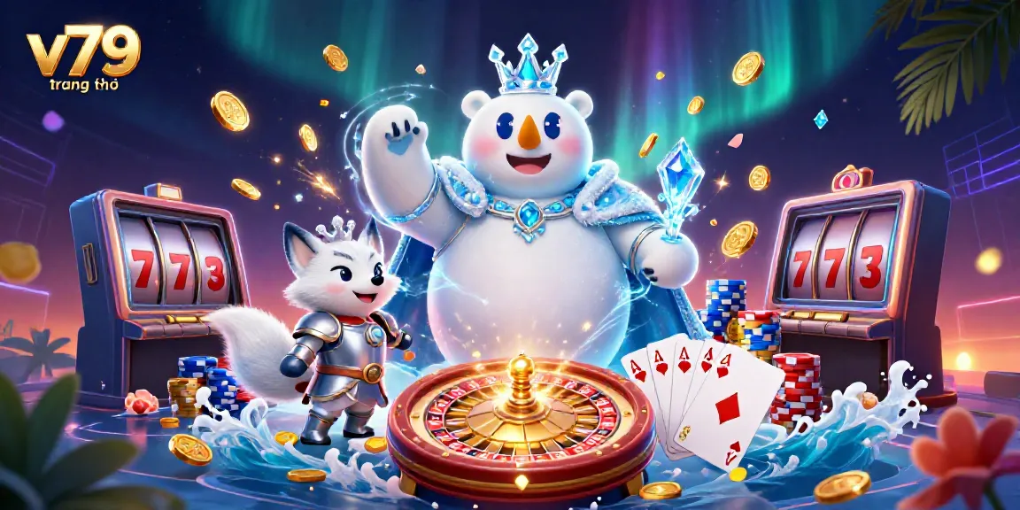 Engage with v79 trang chủ's thrilling gaming experience with polar bear and snow fox in a vibrant casino setting.