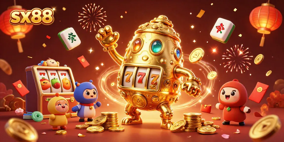 Experience the excitement of sx88 slots with a vibrant golden golem surrounded by dynamic gaming elements.