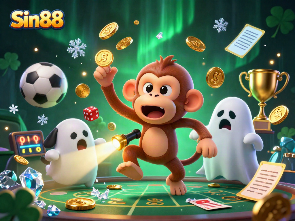 Engage in thrilling gameplay with Sin88 as the poltergeist monkey juggles golden gaming items in a vibrant casino scene.