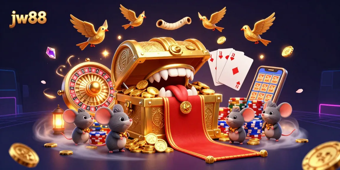 Experience thrilling play at jw88 with a vibrant treasure chest and casino-themed elements in a dynamic scene.
