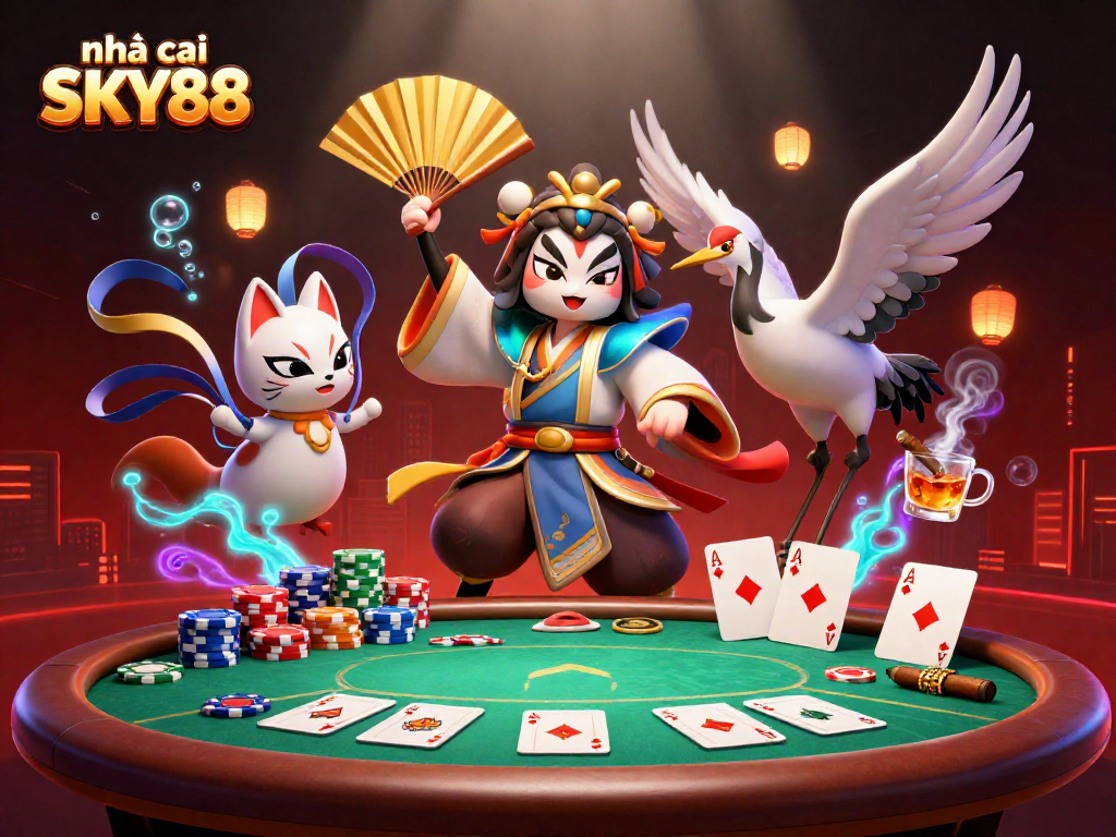 Join the excitement of nhà cái SKY88, featuring vibrant elements of poker and traditional characters.