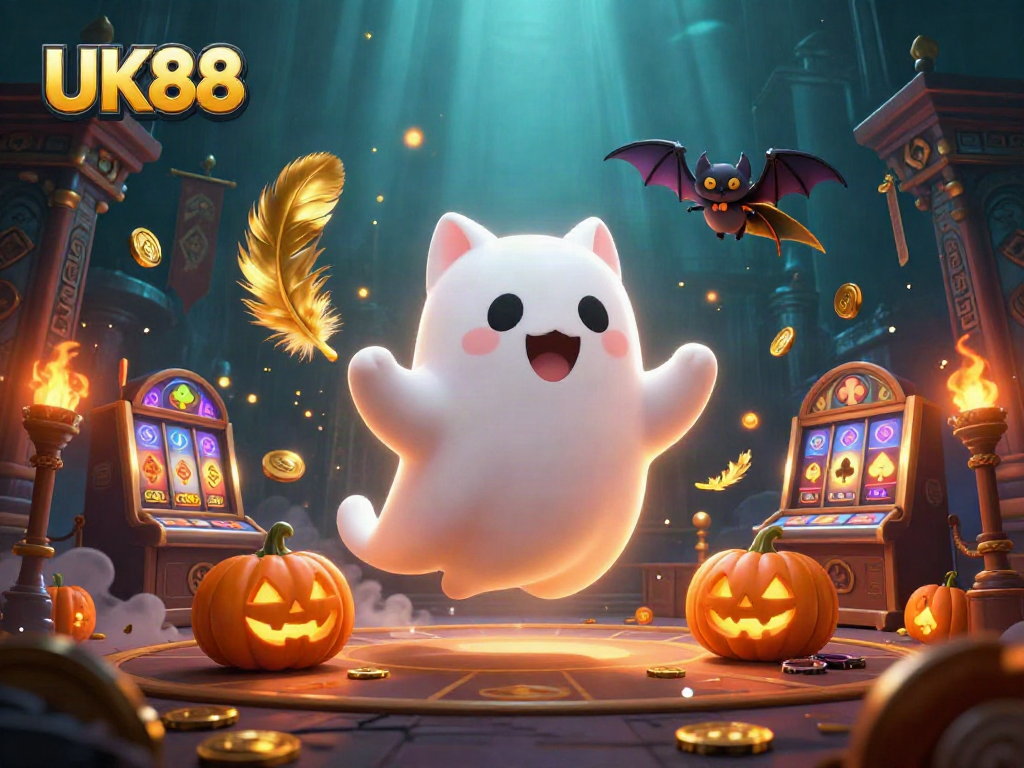 Join the UK88 casino adventure with a ghost cat and glowing jack-o-lanterns in a haunted setting.