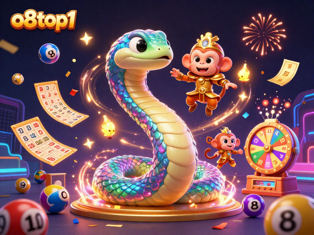 o8top1 illuminates a vibrant 3D carnival scene with lottery elements and the monkey king in action