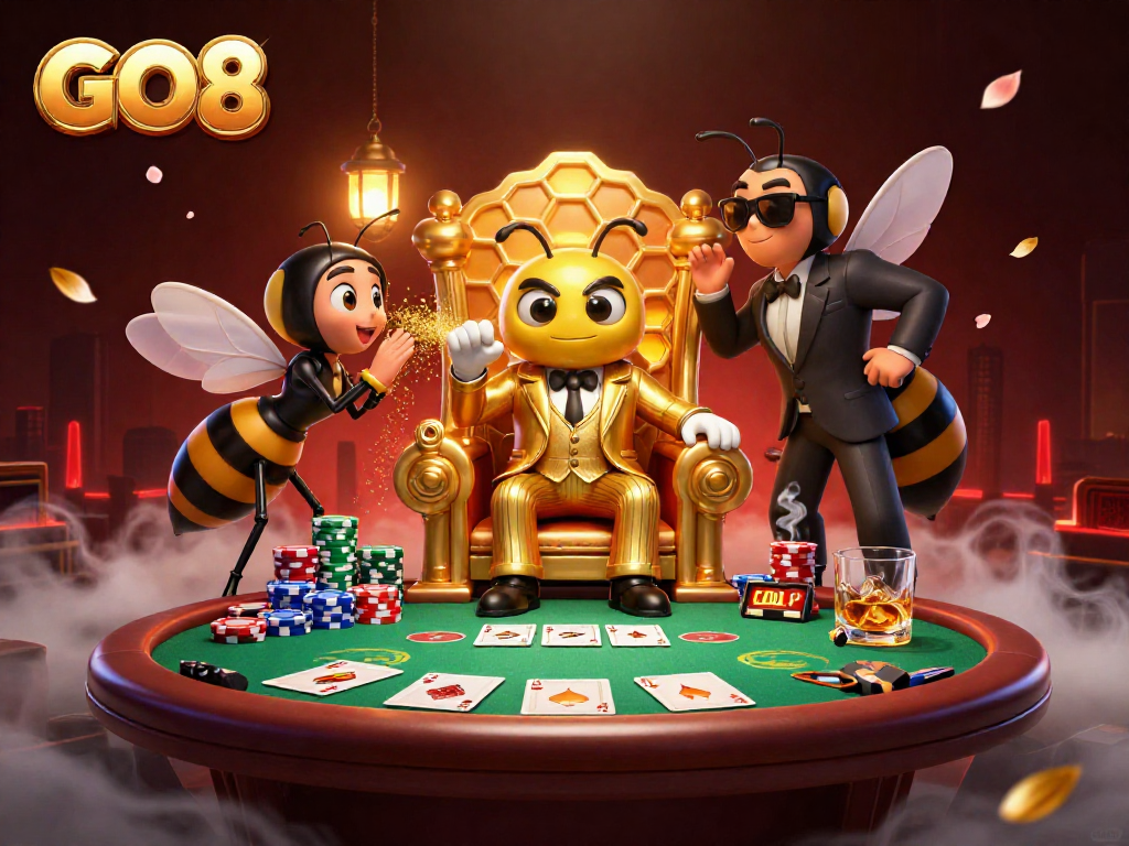 Experience GO8's vibrant casino scene with a bumblebee mob boss and poker elements in a thrilling environment.