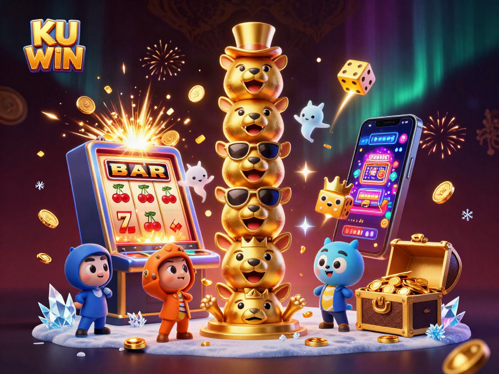 Experience the thrill of KU WIN with vibrant casino symbols and a golden totem pole in a colorful 3D illustration.
