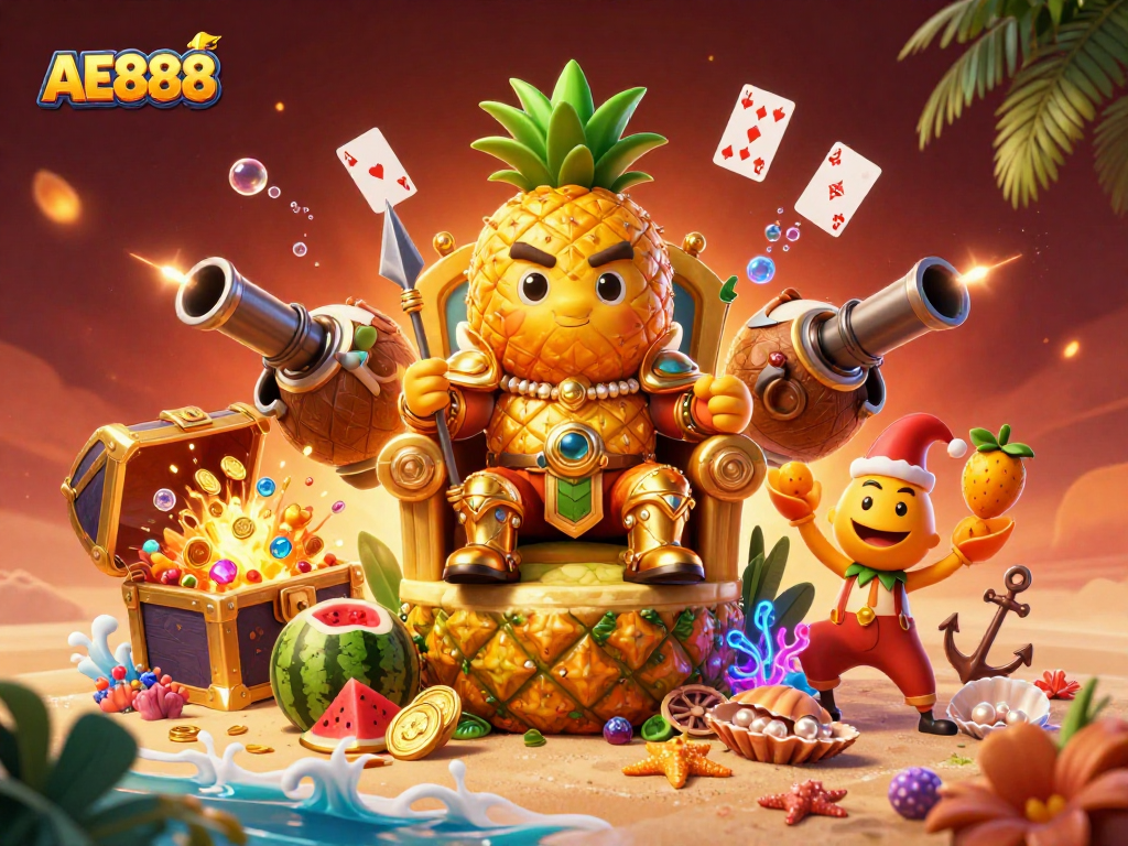 Spin to win with AE888 in a vibrant beach casino scene featuring a golden pineapple king.