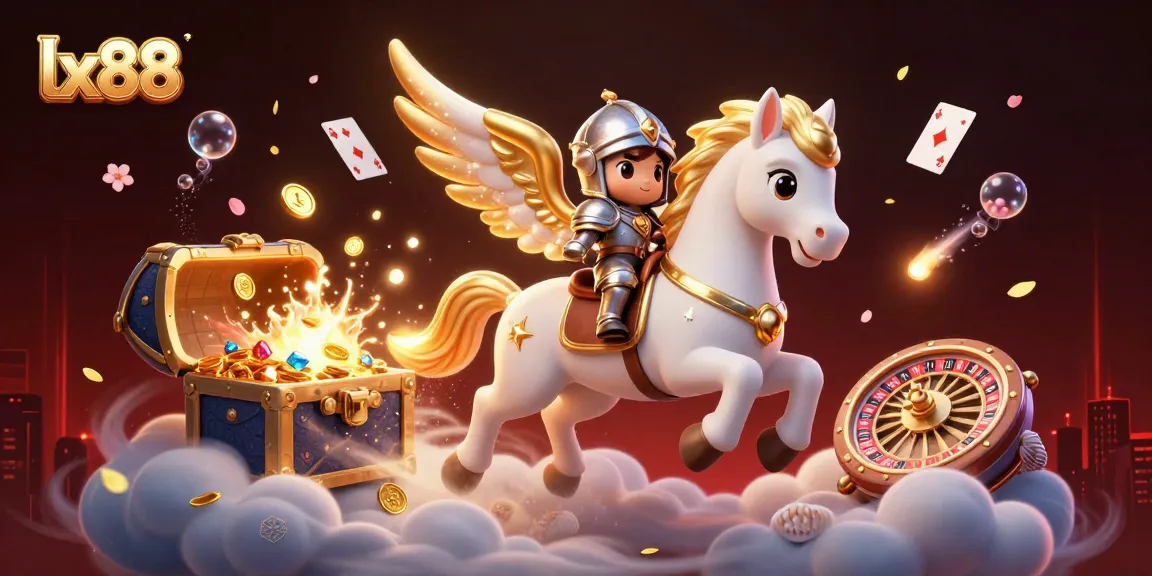 Experience exciting gameplay with lx88, featuring a celestial horse, treasure, and casino elements.
