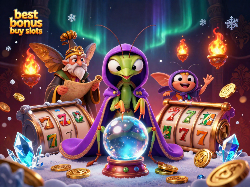 Engage with the best bonus buy slots featuring vibrant cartoon characters around slot reels and golden coins.