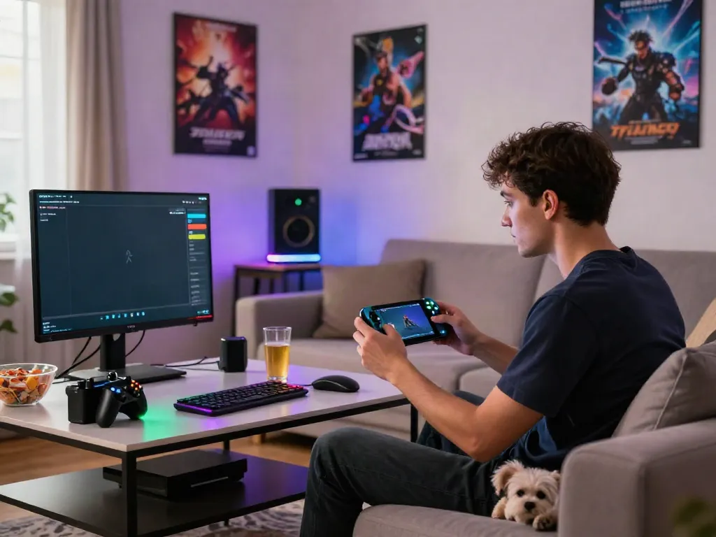 Engaged gamer playing ORION88 in a modern living room with snacks.