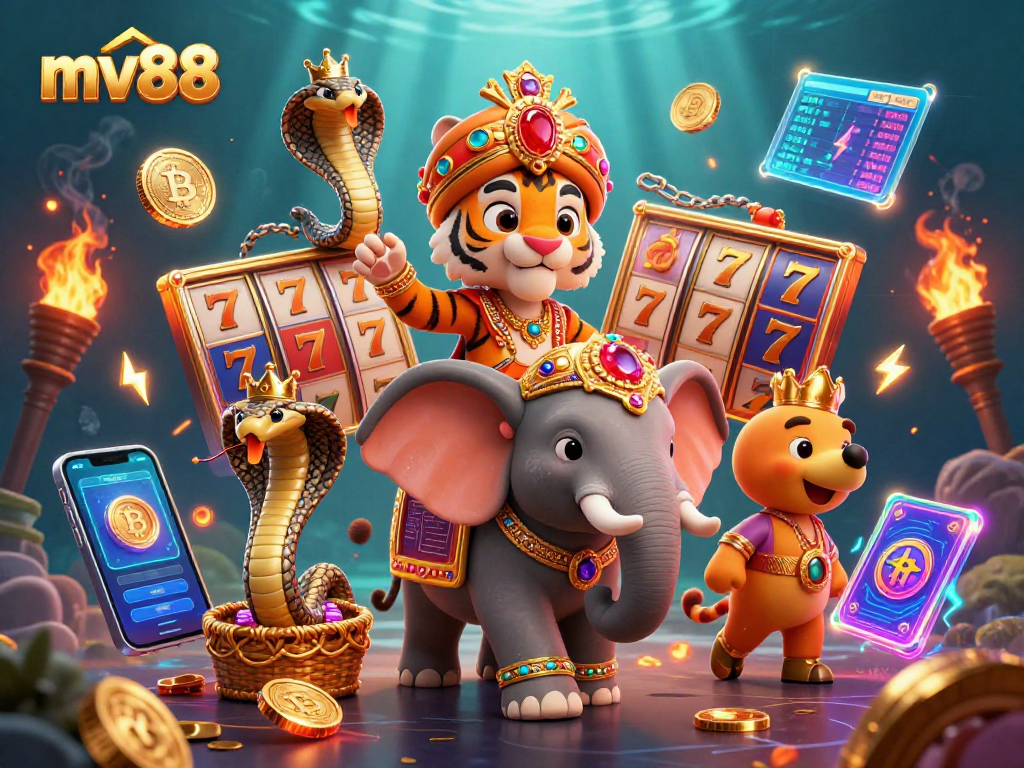 Experience exciting gaming at mv88 with a vibrant 3D tiger, elephant, and crypto coins.