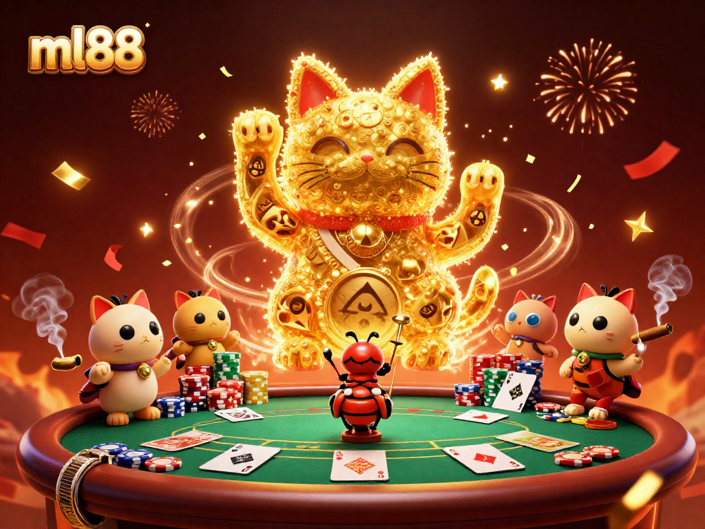 Experience the excitement of ml88 casino games with a vibrant, dynamic illustration of lucky symbols and poker action.