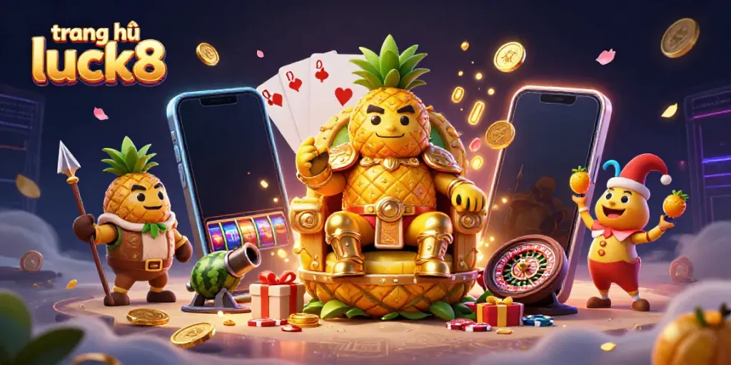 Experience the excitement at trang chủ luck8 with a captivating scene of a golden pineapple king and casino games.
