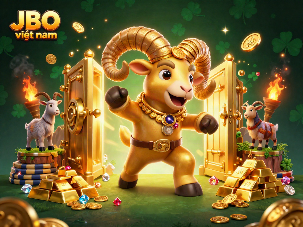 Experience thrilling gaming at JBO Việt Nam with a vibrant 3D illustration of a golden ram charging through a treasure vault.