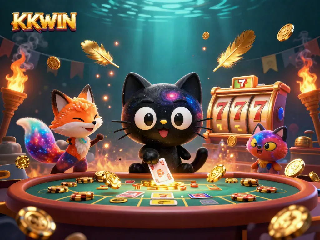 KKWIN captivates with a cosmic casino scene featuring a black hole cat and vibrant fox.