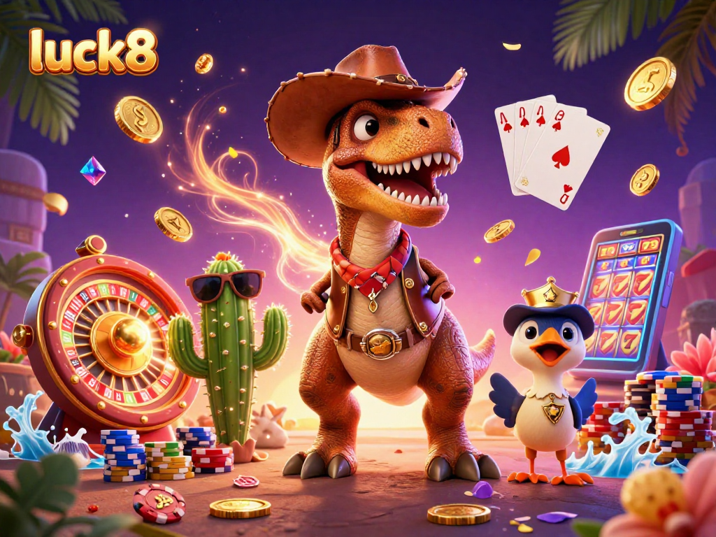 Experience thrilling wins with luck8 in a vibrant casino scene featuring a T-Rex cowboy and dynamic gaming elements.