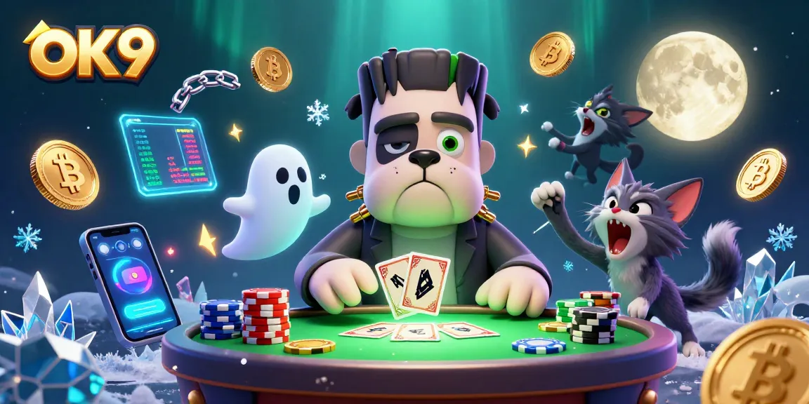 Join the fun at OK9 with a unique 3D cartoon scene featuring playful characters and vibrant casino elements.