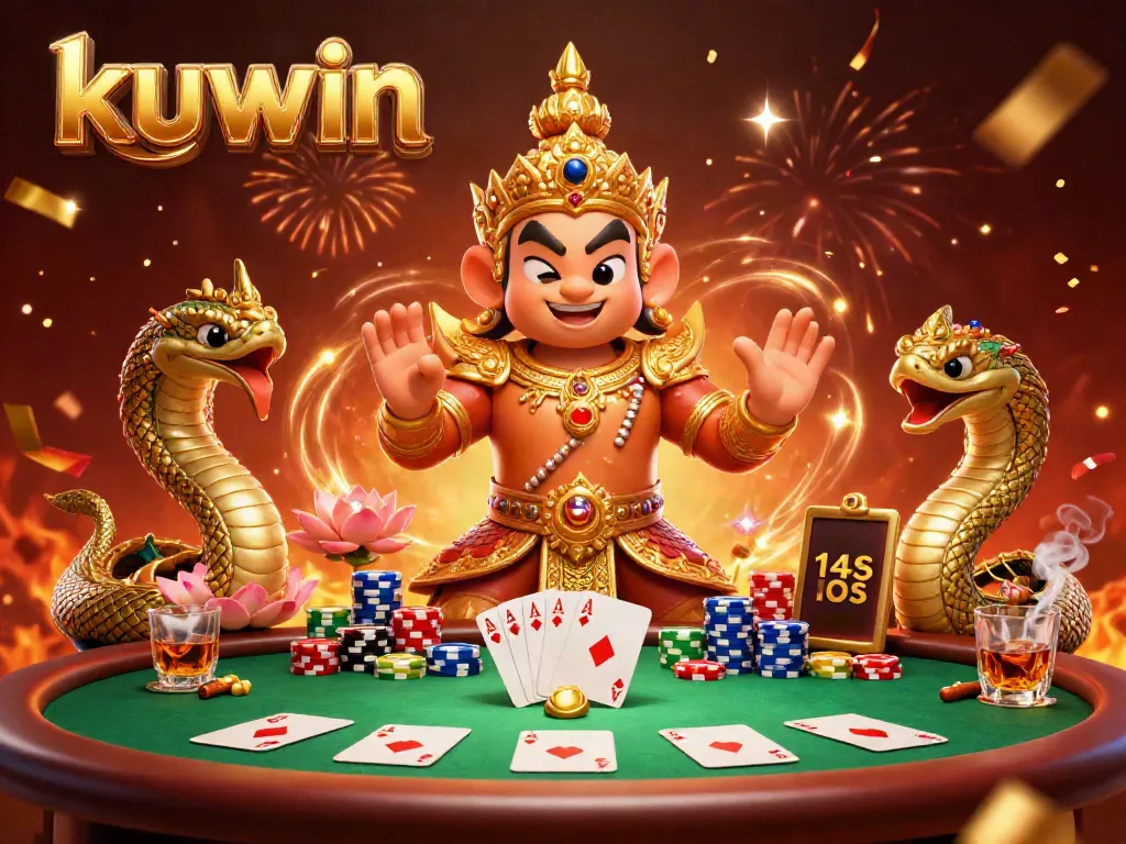 Kuwin players engaging in a lively poker game with vibrant casino elements and colorful decorations.
