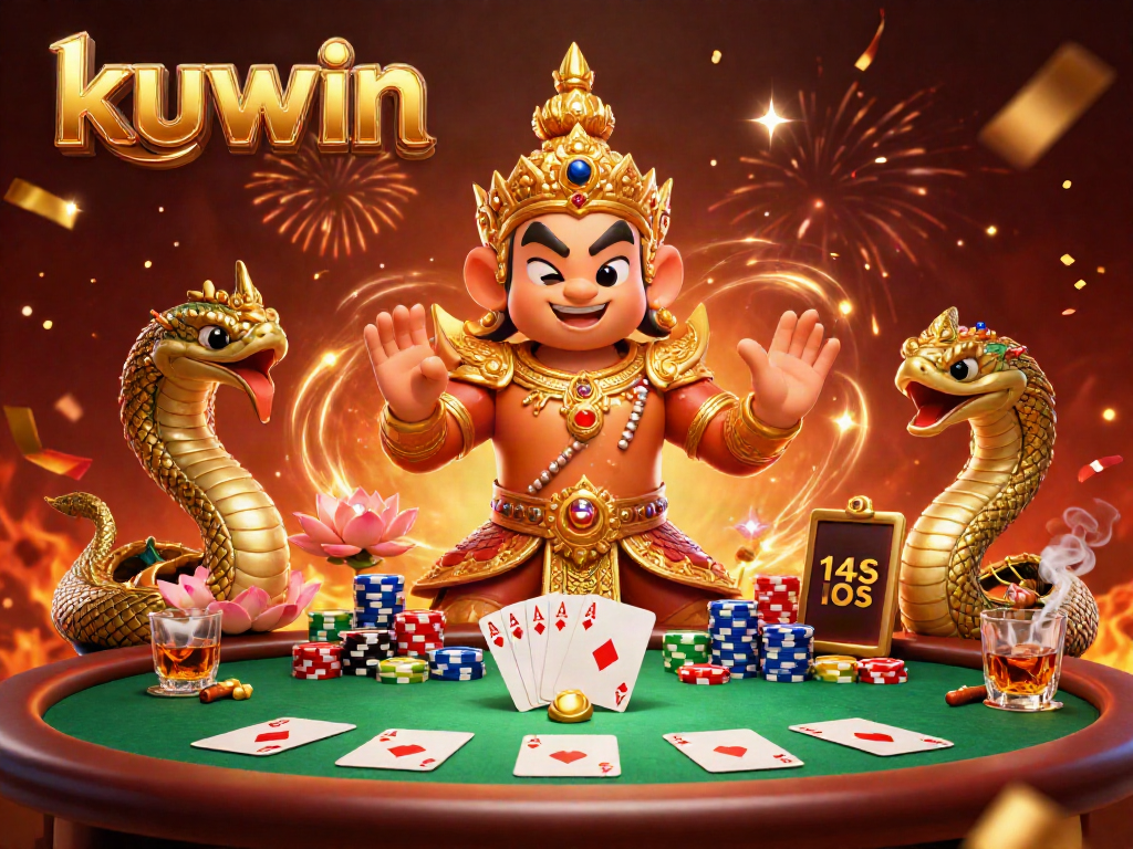 Kuwin players engaging in a lively poker game with vibrant casino elements and colorful decorations.