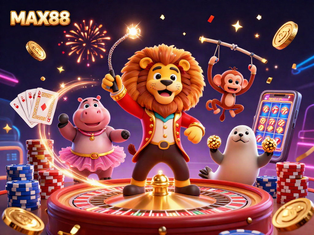 MAX88 showcases thrilling casino adventures with vibrant characters and dazzling elements in a lively scene.