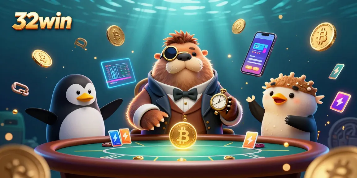 Play poker with 32win's jolly walrus, sophisticated penguin dealer, and bluffer pufferfish in a vibrant underwater scene.