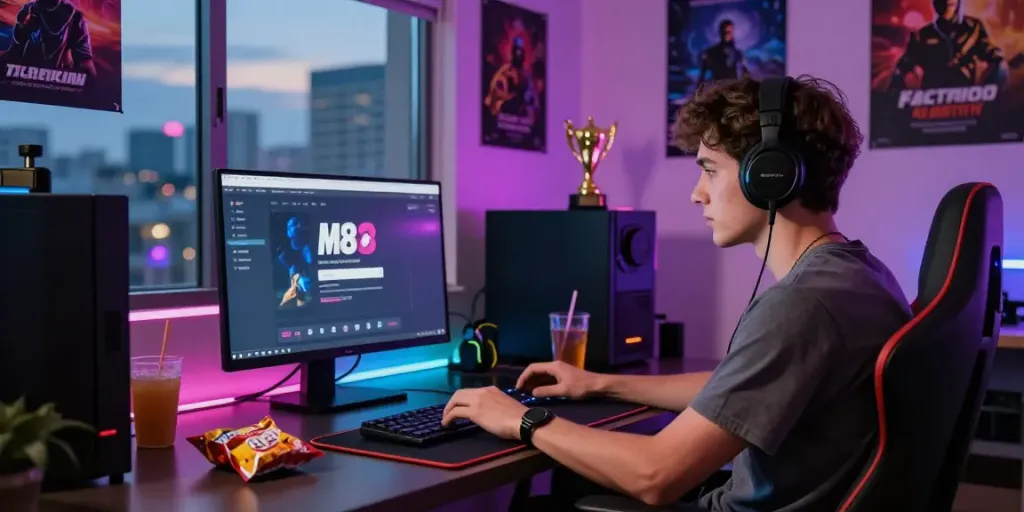 M88 Login alternatif interface on a laptop in a vibrant gaming setup.