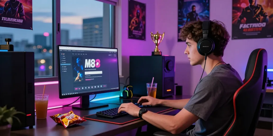 M88 Login alternatif interface on a laptop in a vibrant gaming setup.