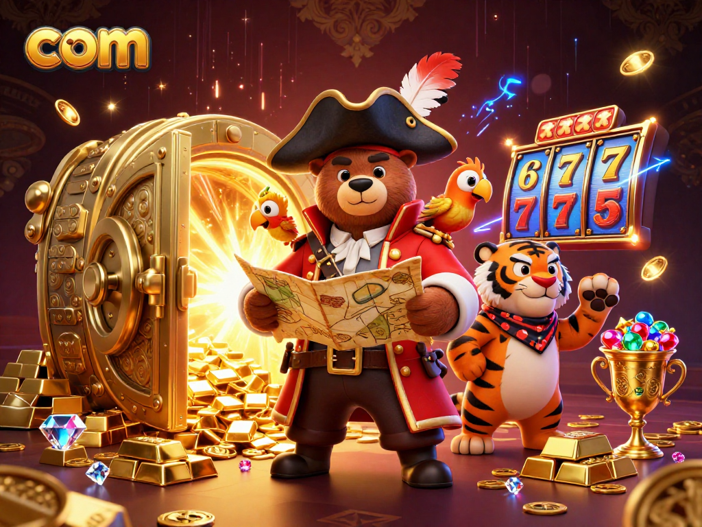 Engaging 3D illustration featuring a colorful casino scene with bear, tiger, and slot elements at com