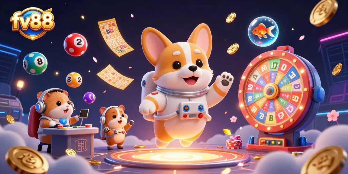 Engage in thrilling gaming action at fv88 with a lively 3D space casino scene featuring playful characters.