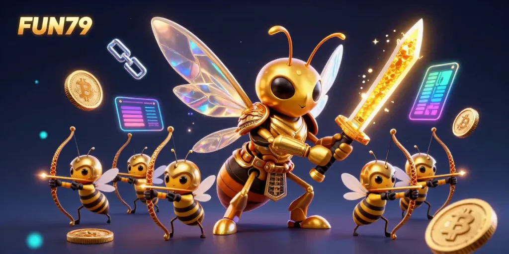 Experience exciting gameplay with FUN79 featuring a dynamic scene of golden hornet samurai and bee archers amidst vibrant cryptocurrency elements.