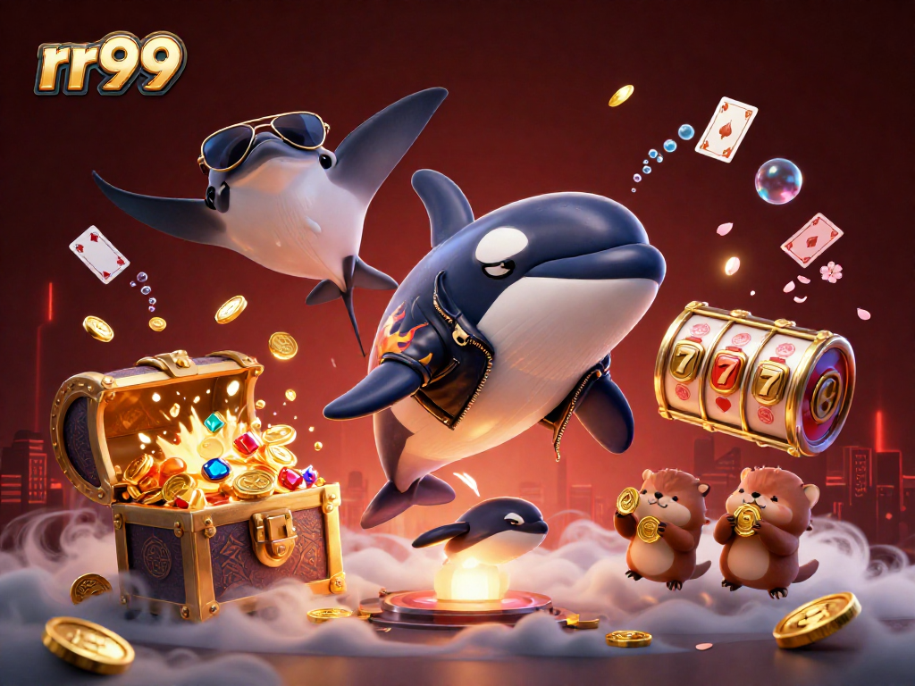 Win big with rr99: A dynamic scene featuring an orca, stingray, and otters in a casino adventure.