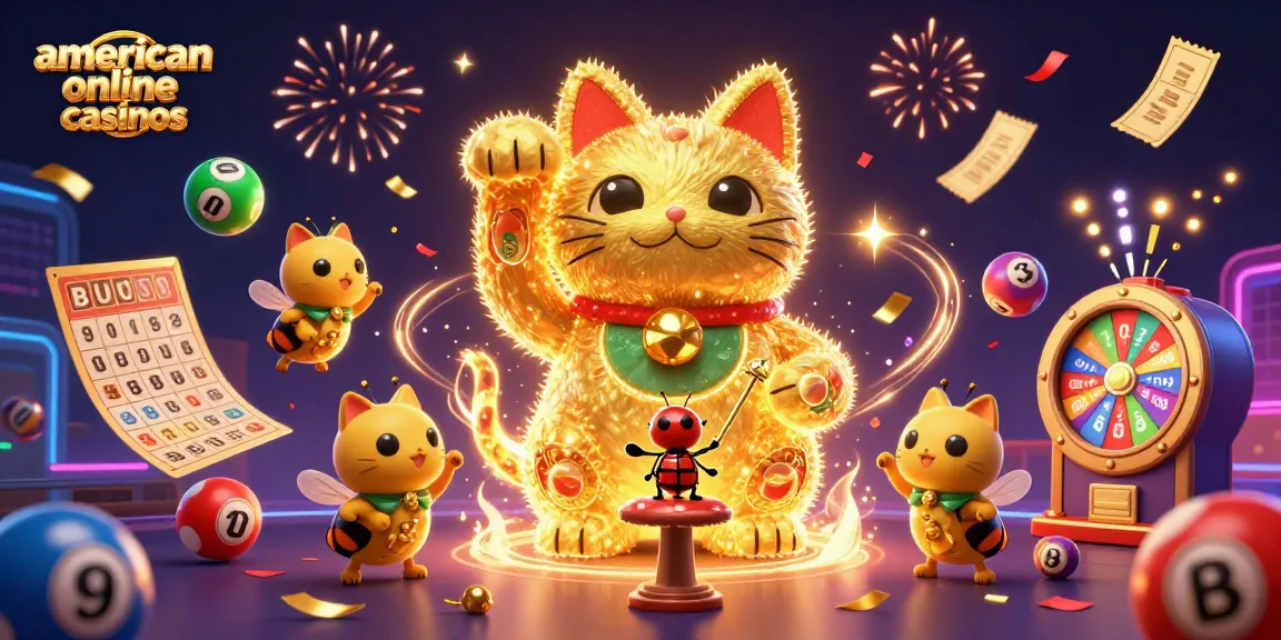 Experience the excitement of american online casinos with a festive scene featuring a lucky cat and dynamic gaming elements.