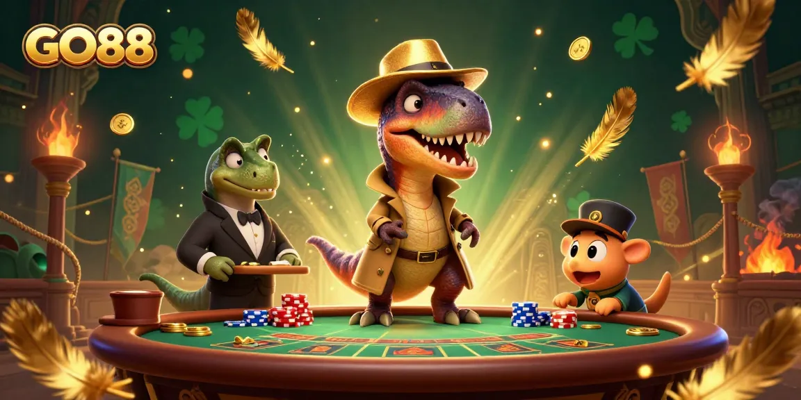 Experience the excitement of GO88 with a vibrant scene of cartoon dinosaurs gambling at a blackjack table.
