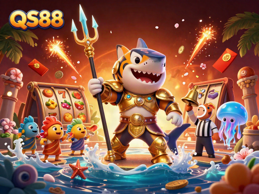 Experience thrilling slots action at QS88 with a fierce tiger shark in a vibrant underwater setting.